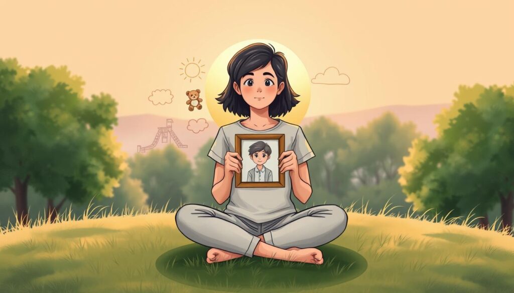 A serene and introspective scene depicting the signs that the inner child needs healing. In the foreground, a young adult sitting cross-legged on a soft grassy hill, wearing modest casual clothing, with a contemplative expression, is holding a small, framed childhood photograph.