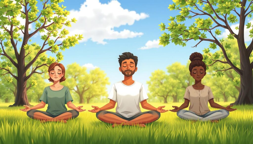 A serene meditation scene focused on inner child healing, featuring a serene outdoor setting with a diverse group of three individuals sitting cross-legged on the grass.