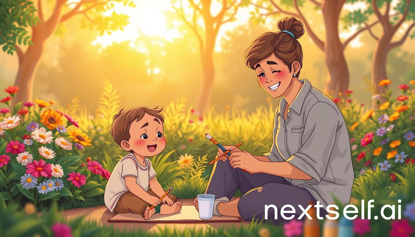 A caregiver and a small child painting together outdoors among wildflowers at golden hour